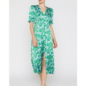 Dunnes Stores Green Floral Satin Midi Dress Size 18 Femenine Party Office Retro